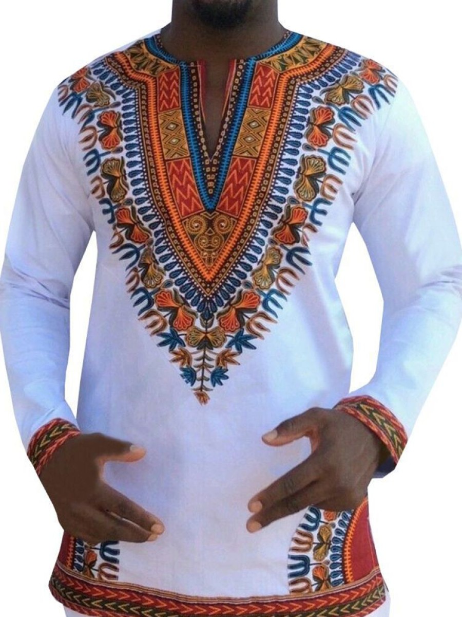 Men ericdress | Ericdress African Fashion Dashiki Print V-Neck Loose Mens T-Shirt White