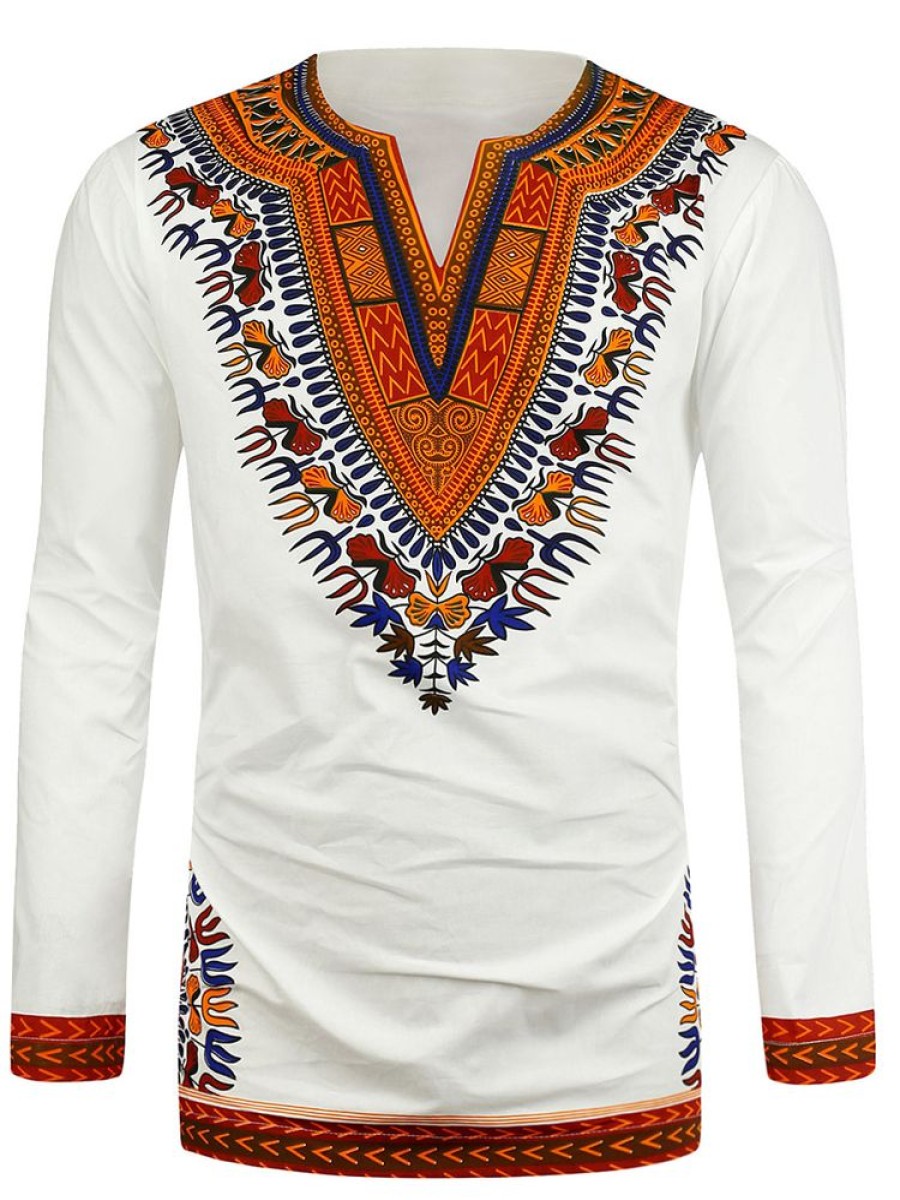 Men ericdress | Ericdress African Fashion Dashiki Print V-Neck Loose Mens T-Shirt White