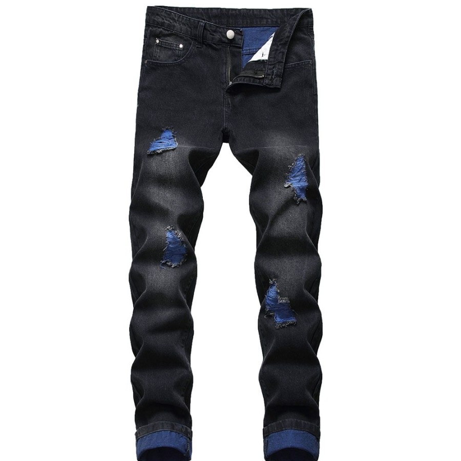 Men ericdress | Ericdress Straight Hole Color Block Mid Waist Zipper Jeans