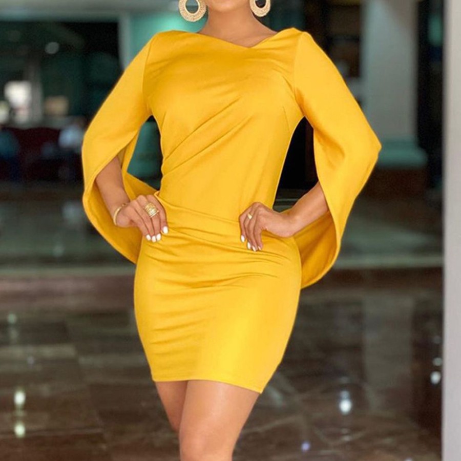 Women ericdress | Ericdress Patchwork Above Knee Long Sleeve Bodycon Dress Pullover Bodycon Dress Yellow