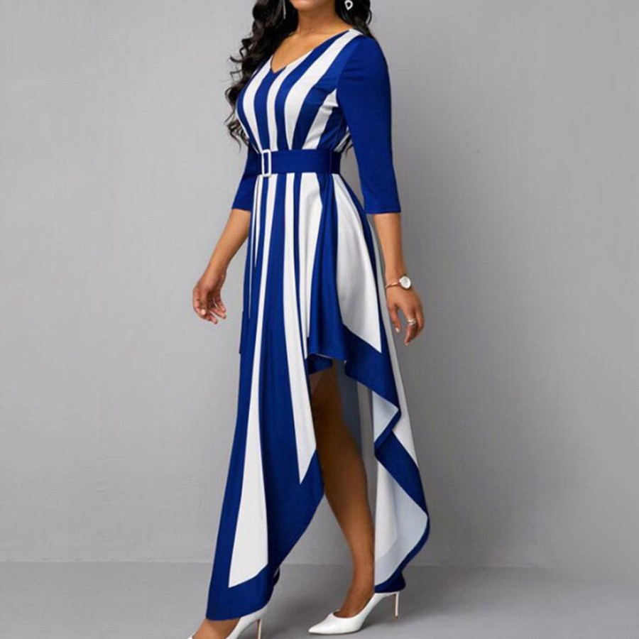 Women ericdress | Ericdress Three-Quarter Sleeve V-Neck Floor-Length Sweet Asymmetrical Maxi Dress