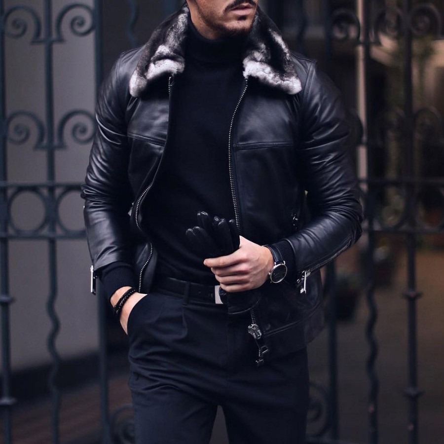 Men ericdress | Plain Standard Lapel Pocket Men'S Leather Jacket Black