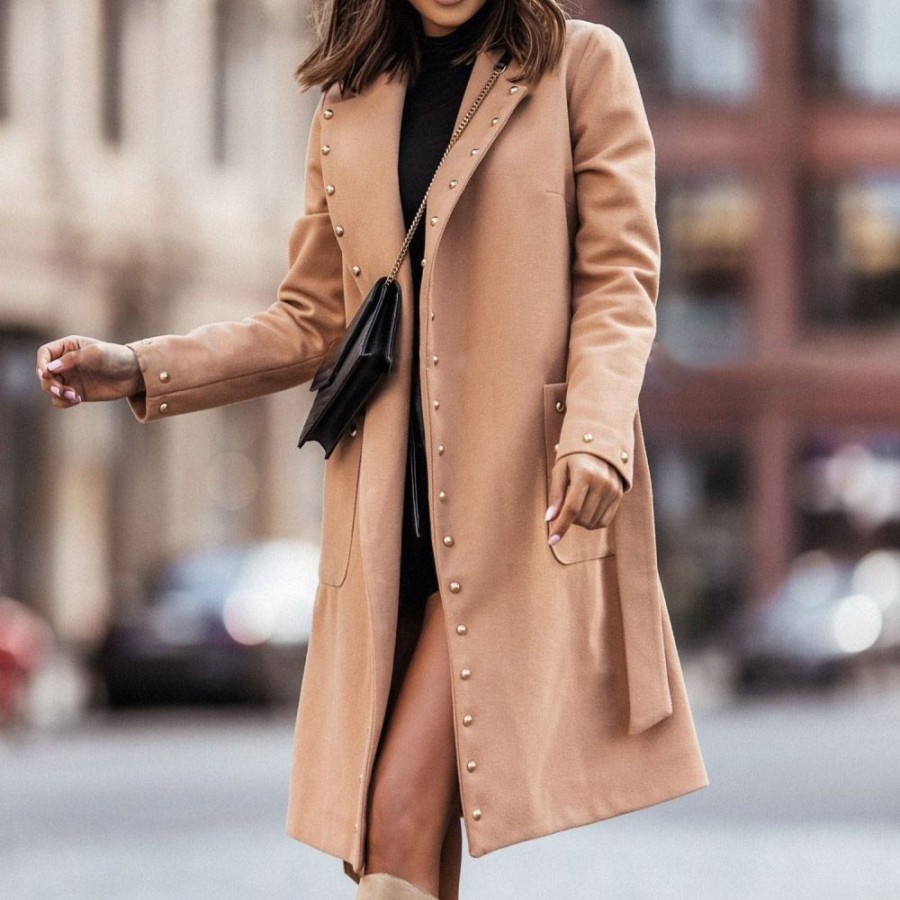 Women ericdress | Ericdress Slim Regular Rivet Lapel Winter Overcoat