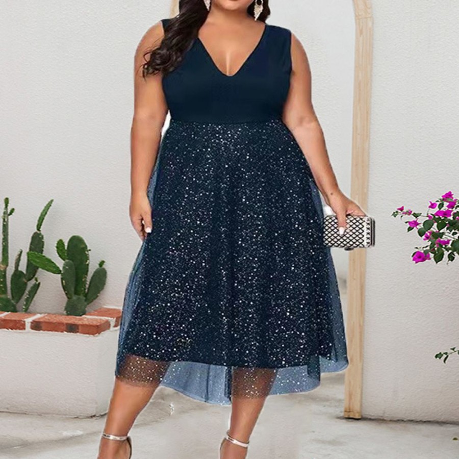 Women ericdress | Ericdress Plus Size Sleeveless V-Neck Mid-Calf A-Line Plain Dress Navy