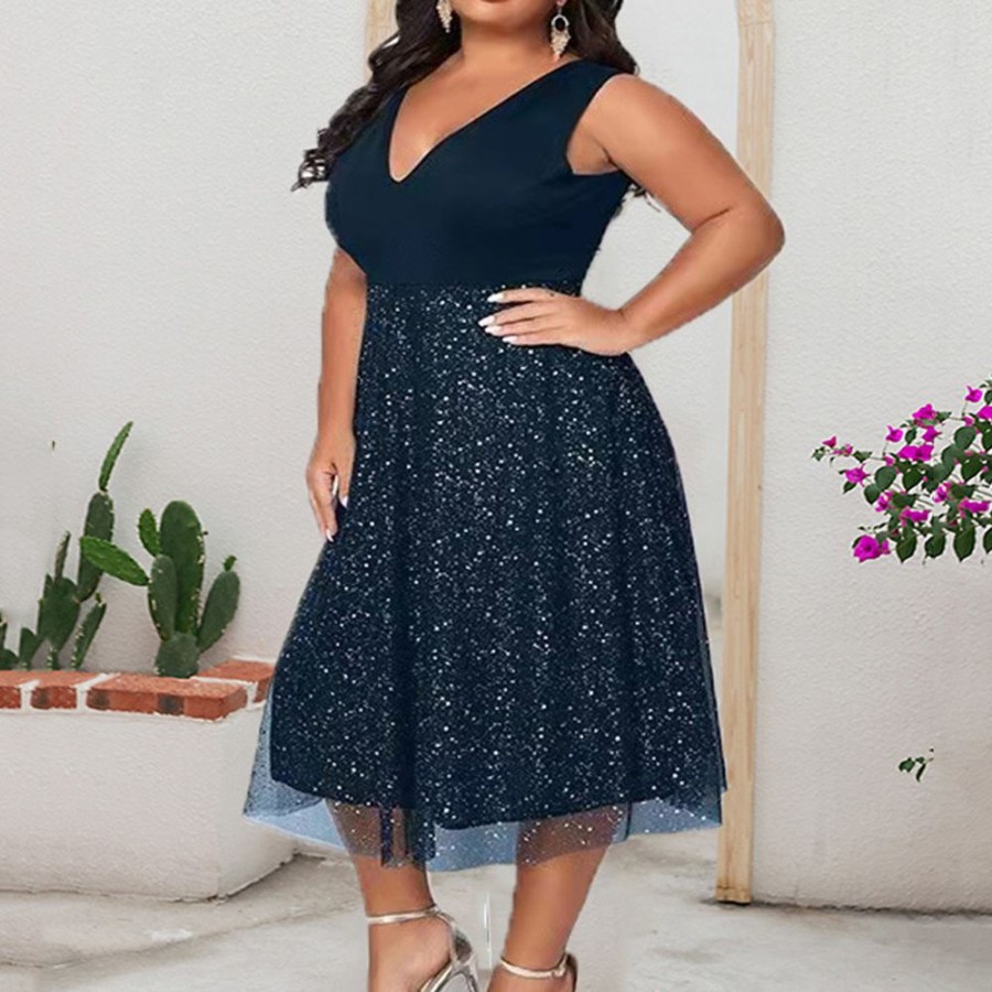 Women ericdress | Ericdress Plus Size Sleeveless V-Neck Mid-Calf A-Line Plain Dress Navy