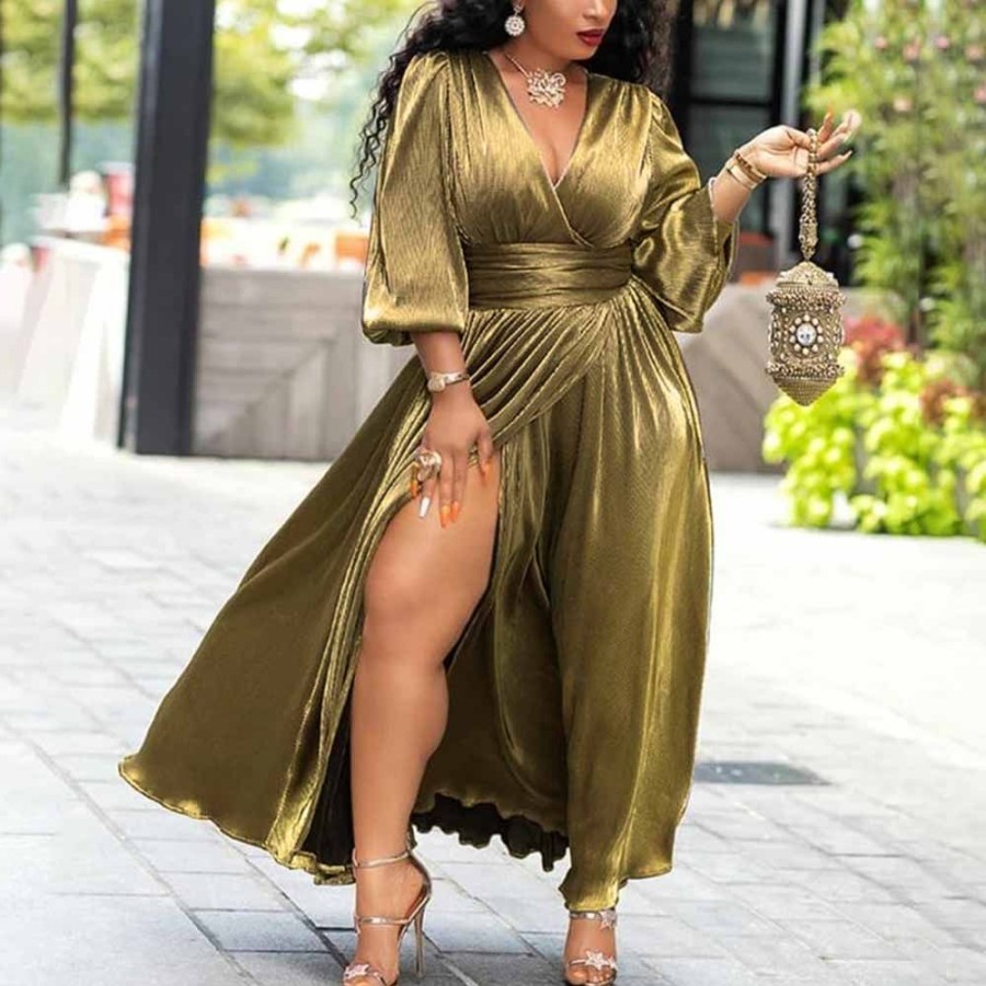 Women ericdress | V-Neck Three-Quarter Sleeve Split Floor-Length High Waist Women'S Maxi Dress Champagne