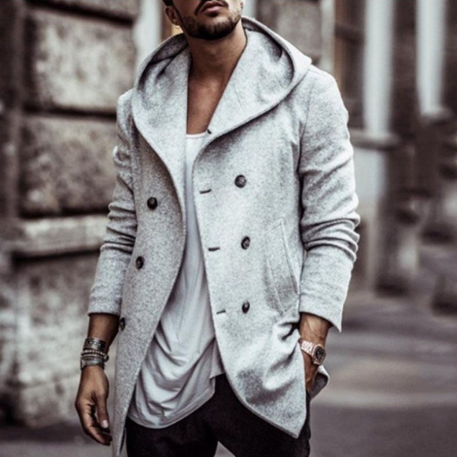 Men ericdress | Ericdress Plain Hooded Mid-Length European Double-Breasted Coat