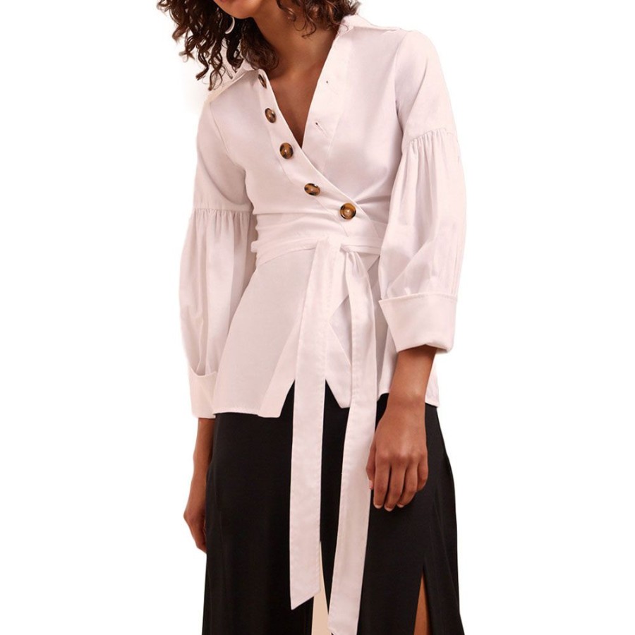 Women ericdress | Ericdress Lace-Up Button Three-Quarter Sleeve Blouse White