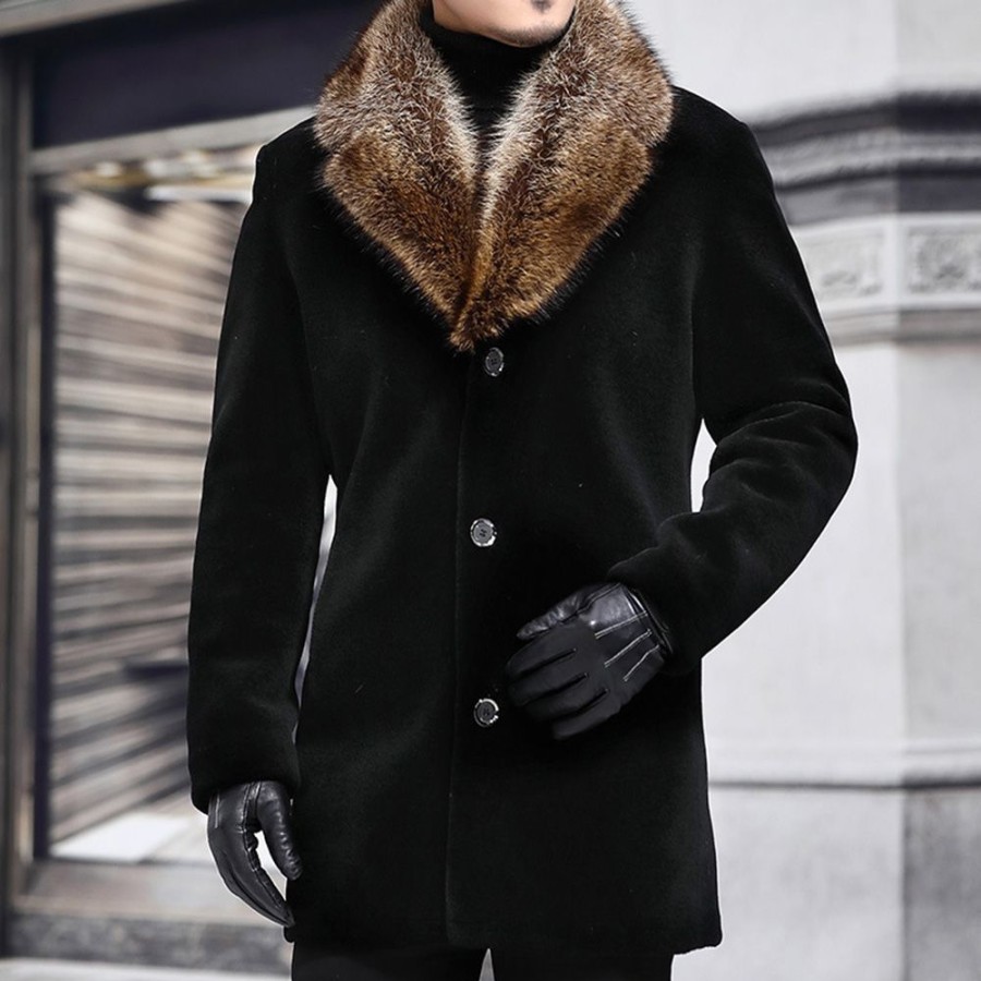 Men ericdress | Notched Lapel Patchwork Mid-Length Single-Breasted Men'S Coat Black