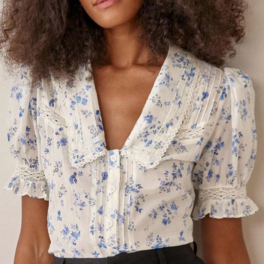 Women ericdress | Floral Patchwork Lapel Short Sleeve Women'S Blouse White