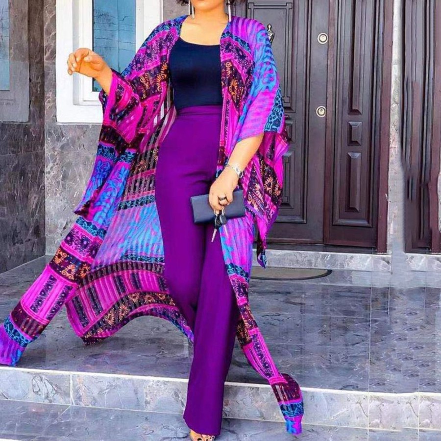 Women ericdress | Ericdress Floral Print African Ethnic Style Straight Women'S Two Piece Sets Purple