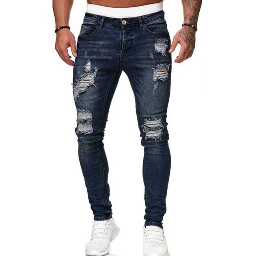 Men ericdress | Ericdress Pencil Pants Plain Hole Mid Waist European Fashion Jeans