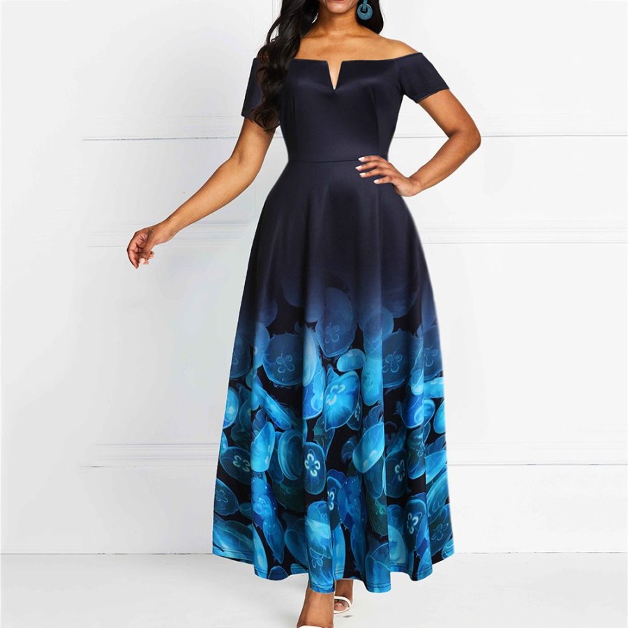 Women ericdress | Ericdress Pocket Ankle-Length Short Sleeve Patchwork Gradient Standard-Waist Maxi Dress Blue