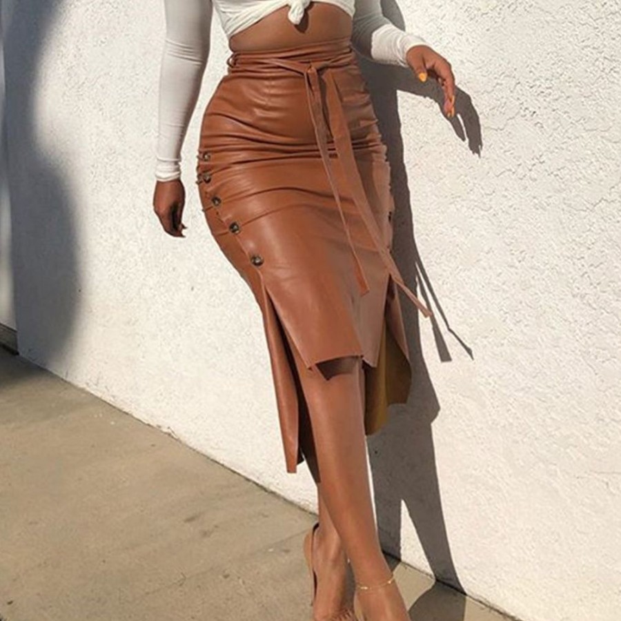 Women ericdress | Ericdress Mid-Calf Asymmetric High Waist Sexy Skirt Brown