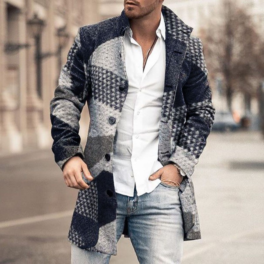 Men ericdress | Ericdress Print Mid-Length Color Block Single-Breasted Straight Men'S Coat Blue