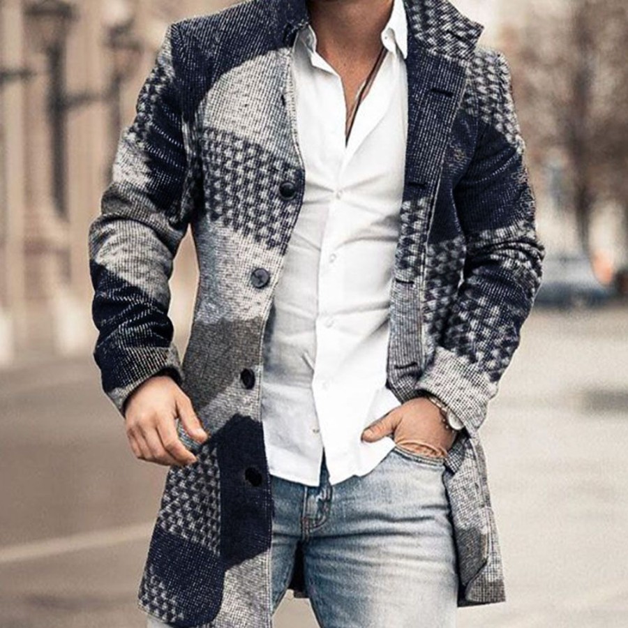 Men ericdress | Ericdress Print Mid-Length Color Block Single-Breasted Straight Men'S Coat Blue