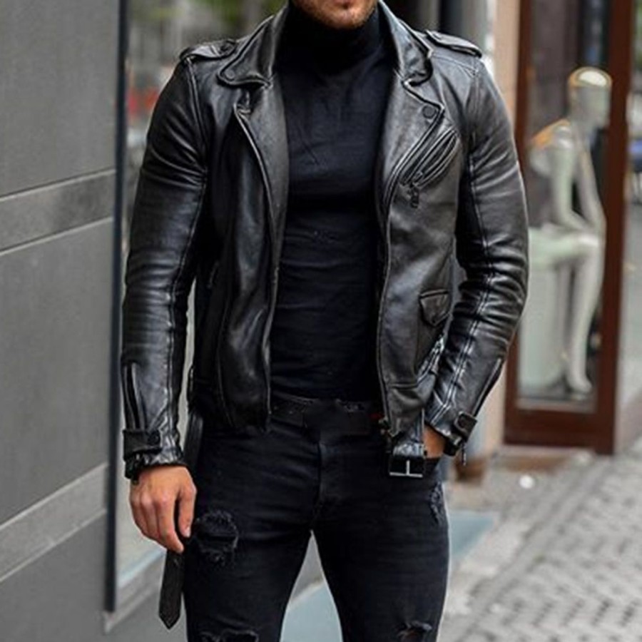 Men ericdress | Ericdress Notched Lapel Plain Zipper Straight Style Men'S Jacket Black