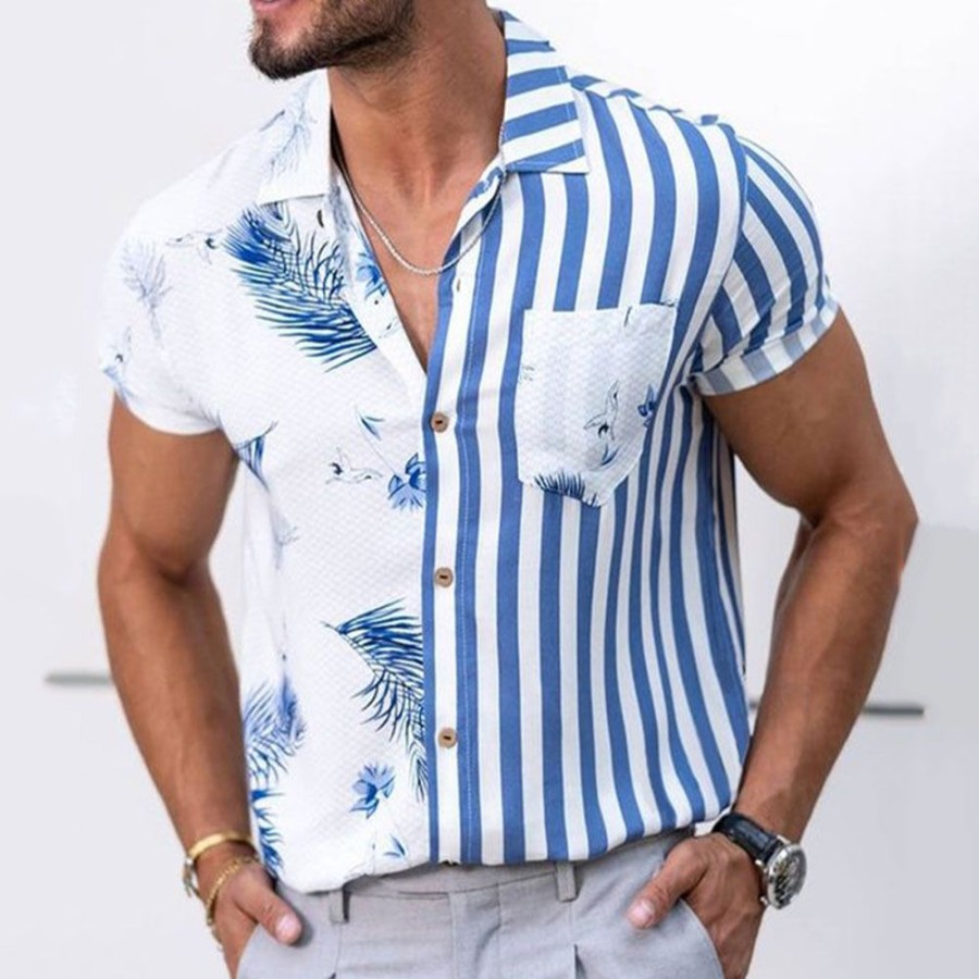 Men ericdress | Ericdress Stripe Print Casual Summer Single-Breasted Shirt