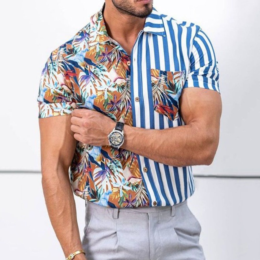 Men ericdress | Ericdress Stripe Print Casual Summer Single-Breasted Shirt