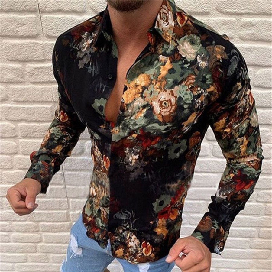 Men ericdress | Ericdress Floral Lapel Fashion Single-Breasted Men'S Slim Shirt Black