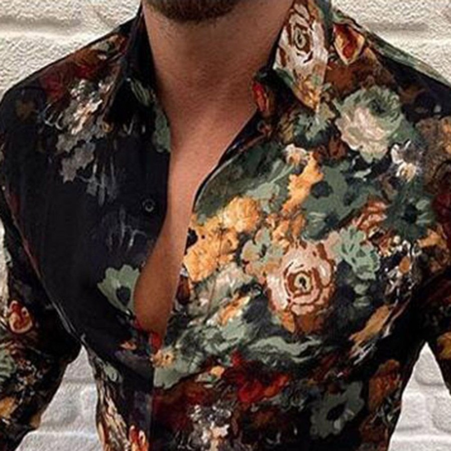 Men ericdress | Ericdress Floral Lapel Fashion Single-Breasted Men'S Slim Shirt Black