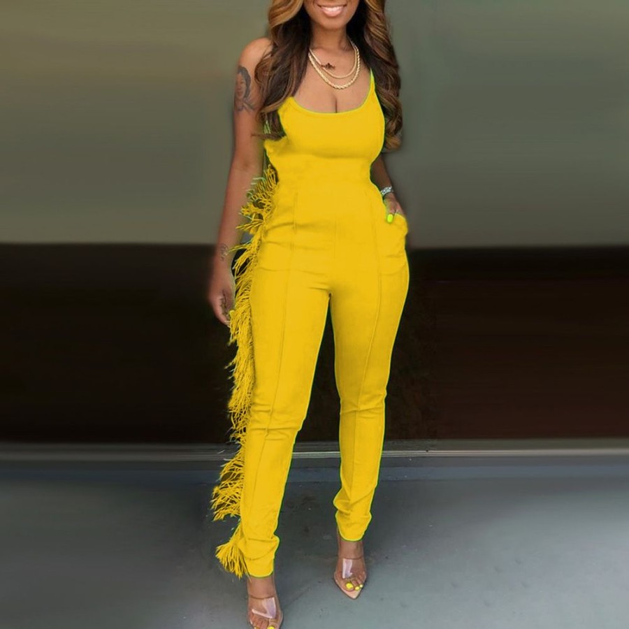 Women ericdress | Ericdress Falbala Full Length Plain Skinny Pencil Pants Women'S Jumpsuit Yellow