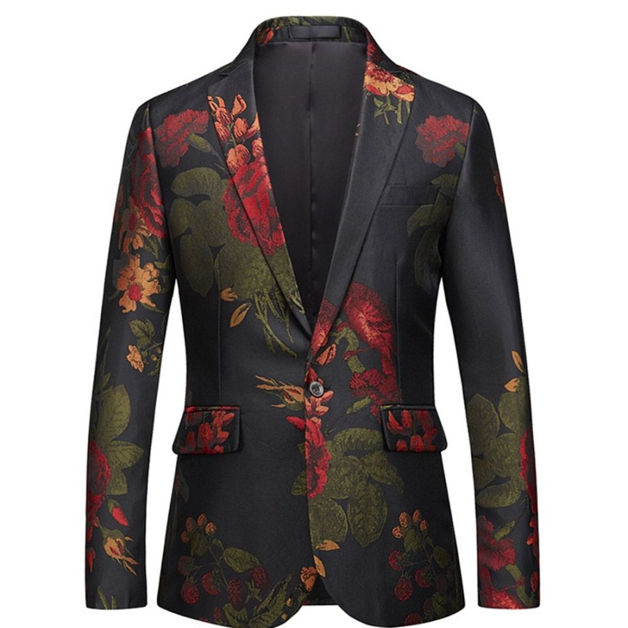 Men ericdress | Ericdress Floral Print One Button Notched Lapel Mens Casual Ball Blazer Black