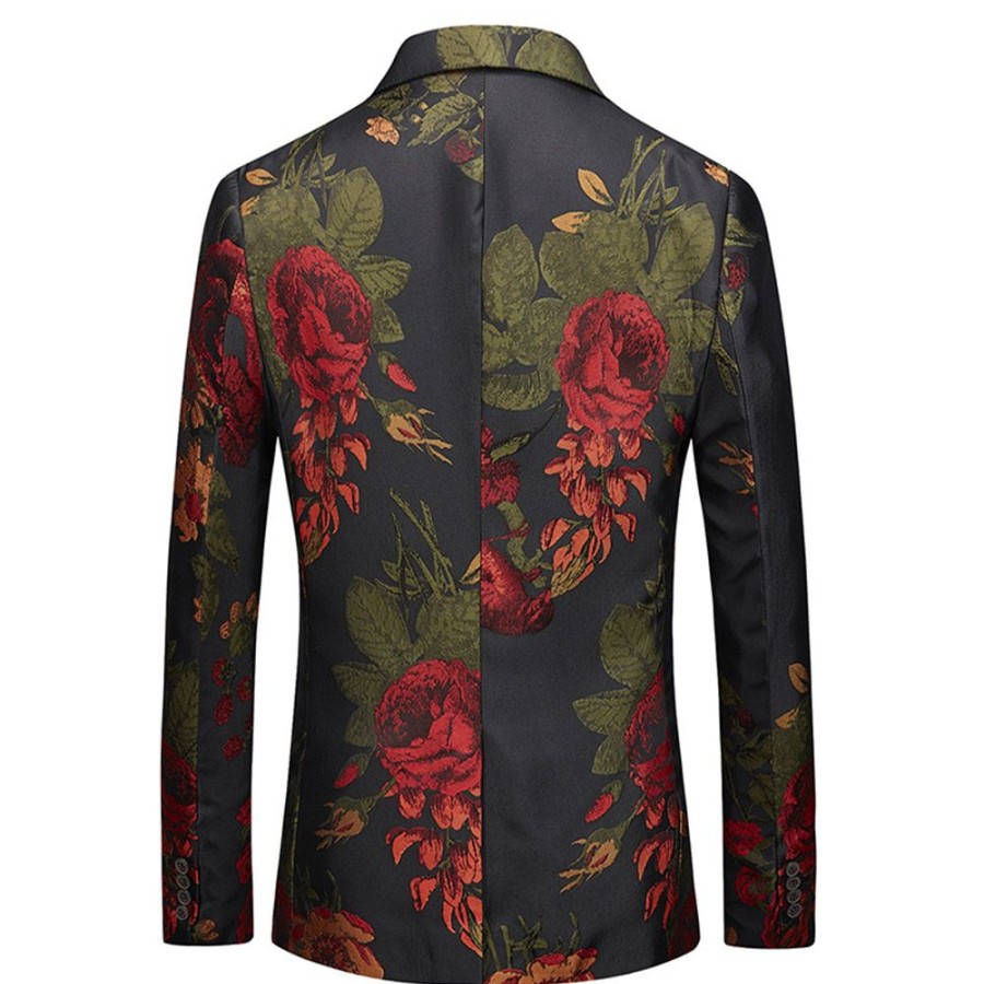 Men ericdress | Ericdress Floral Print One Button Notched Lapel Mens Casual Ball Blazer Black