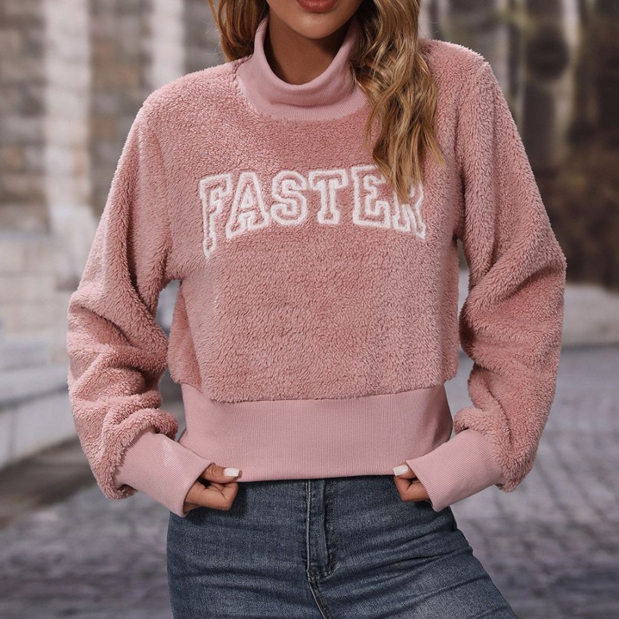 Women ericdress | Ericdress Letter Patchwork Regular Turtleneck Standard Hoodie Dark Pink