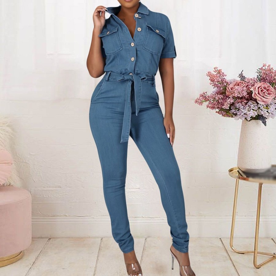 Women ericdress | Ericdress Full Length Sweet Button Mid Waist Skinny Jumpsuit