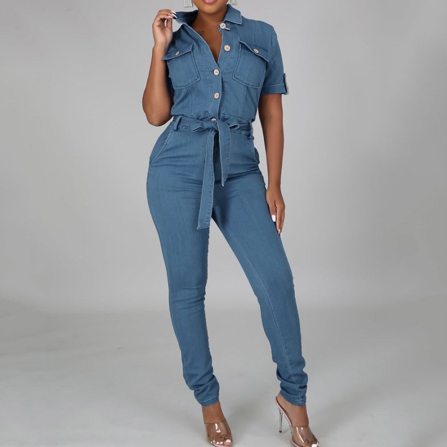 Women ericdress | Ericdress Full Length Sweet Button Mid Waist Skinny Jumpsuit