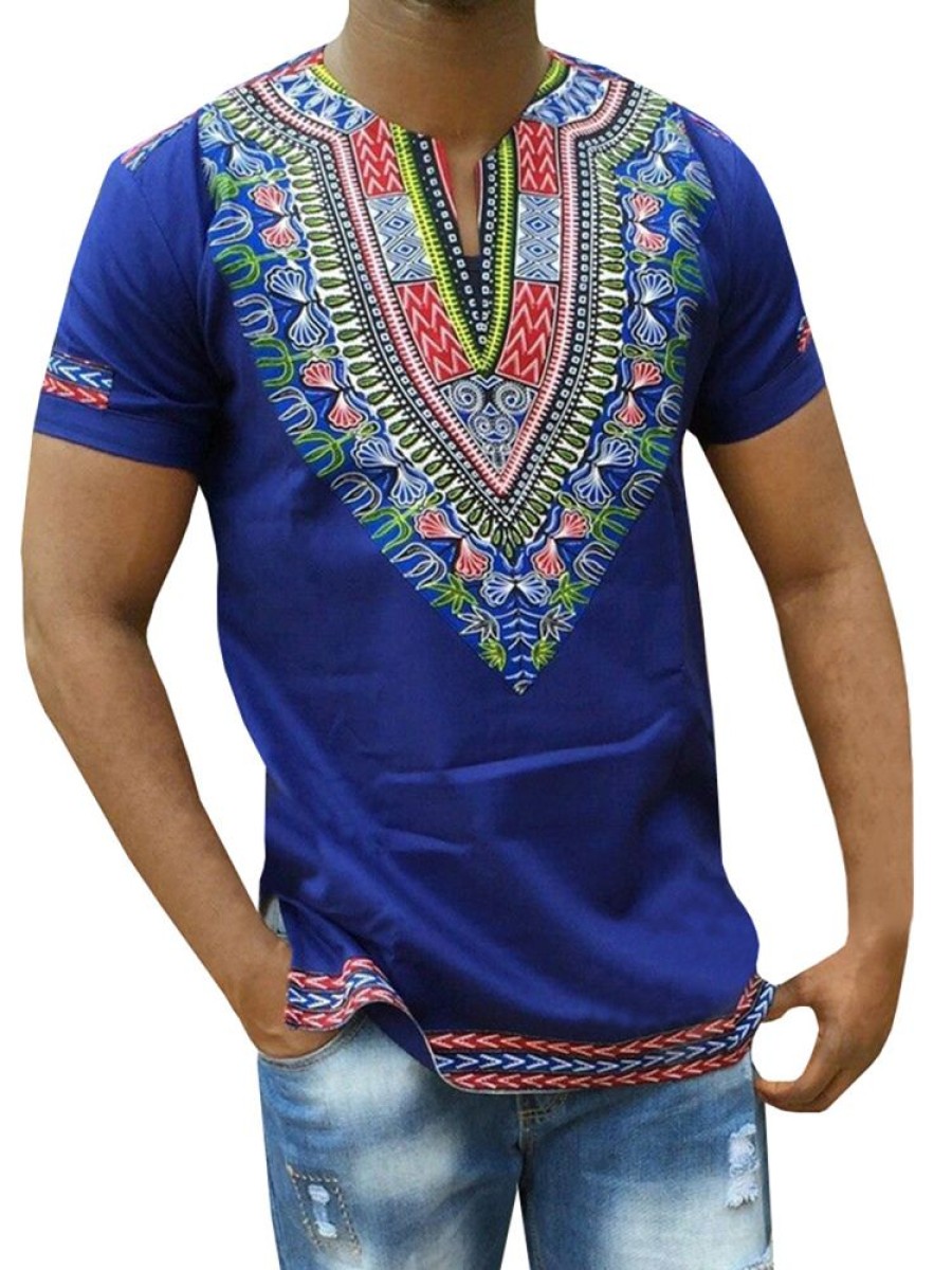 Men ericdress | Ericdress African Fashion Dashiki Print V-Neck Mens Straight T-Shirt Royal Blue