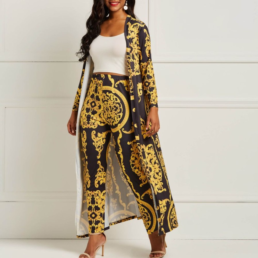 Women ericdress | Ericdress Print Floral Trench Coat And Pencil Pants Women'S Two Piece Set Golden