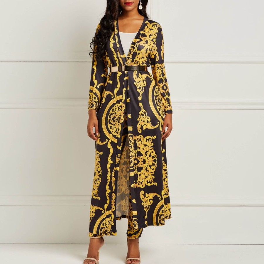 Women ericdress | Ericdress Print Floral Trench Coat And Pencil Pants Women'S Two Piece Set Golden