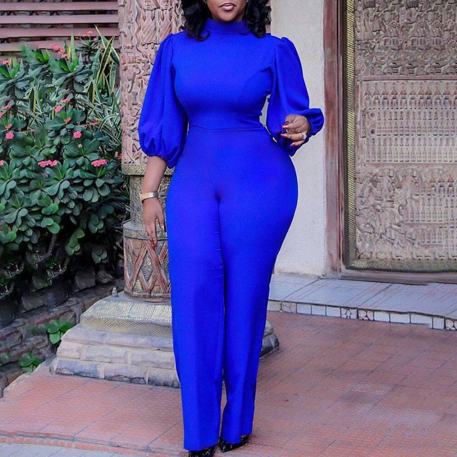 Women ericdress | Ericdress Office Lady Full Length Plain Slim Women'S Jumpsuit Blue