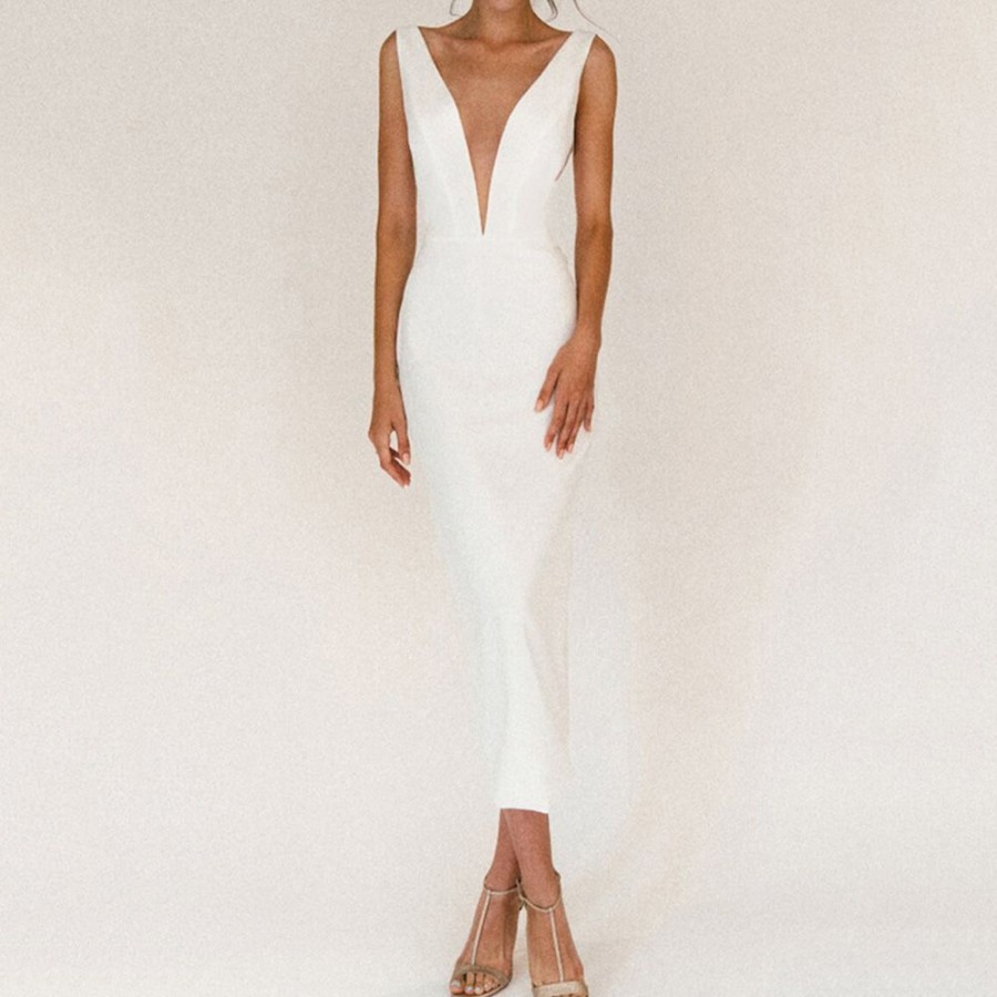 Women ericdress | Ericdress Sleeveless Mid-Calf Split Bodycon Dress White