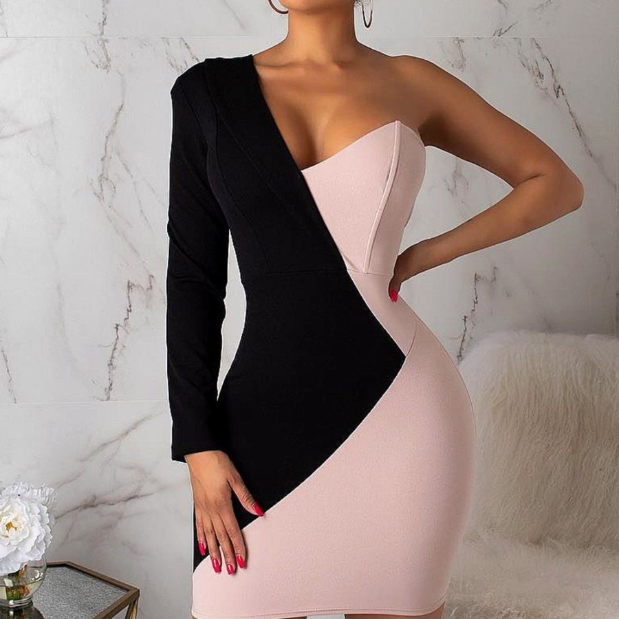 Women ericdress | Ericdress Above Knee Long Sleeve Patchwork Regular High Waist Bodycon Dress Black