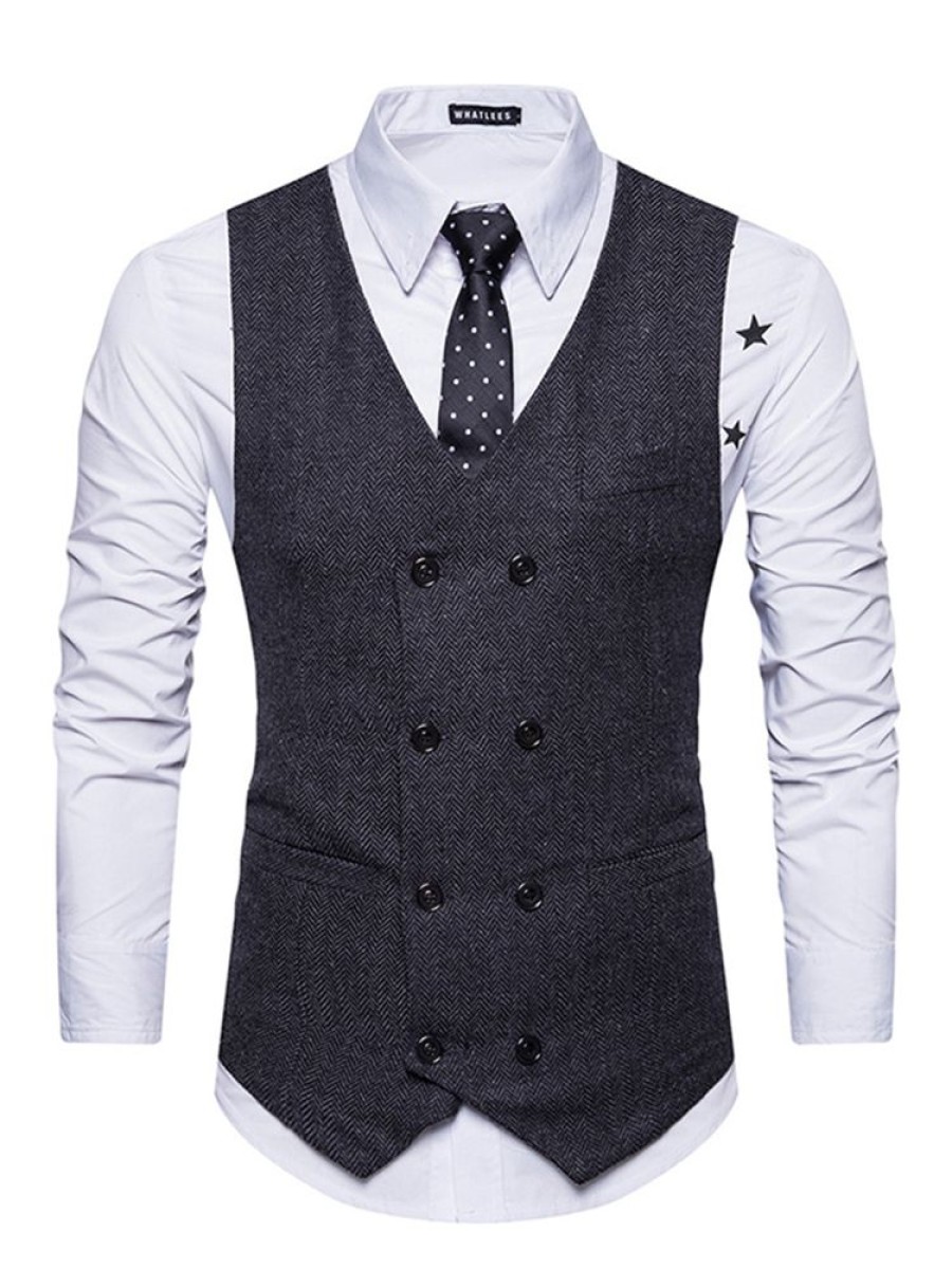 Men ericdress | Ericdress Vintage Plain Double-Breasted V-Neck Slim Men'S Vest