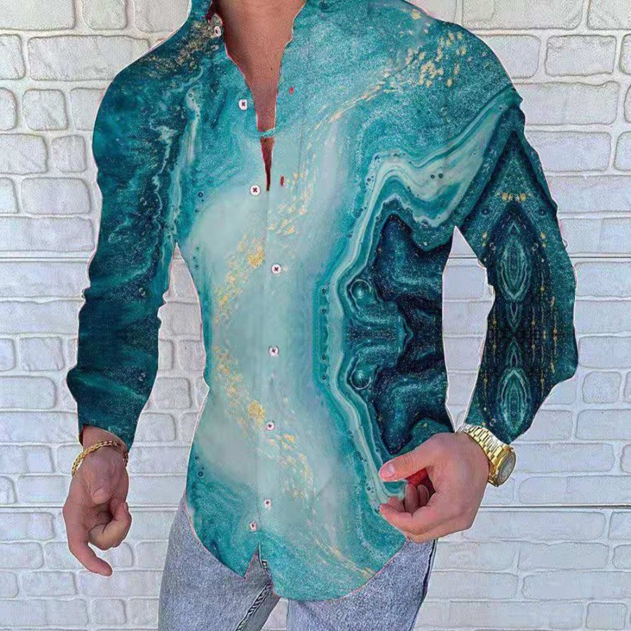 Men ericdress | Ericdress Print Lapel Casual Single-Breasted Long Sleeves Men'S Slim Shirt Lake Green