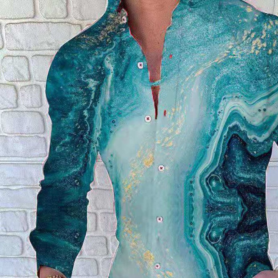 Men ericdress | Ericdress Print Lapel Casual Single-Breasted Long Sleeves Men'S Slim Shirt Lake Green