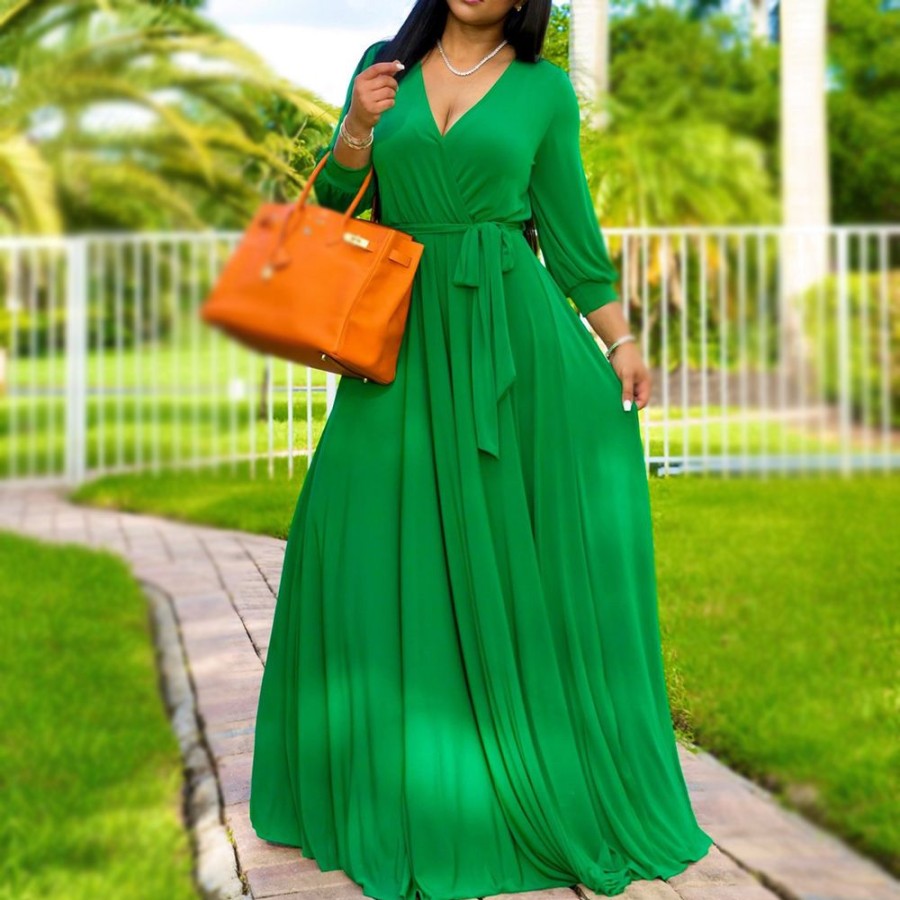 Women ericdress | Ericdress Floor-Length Three-Quarter Sleeve V-Neck Western Fall Maxi Dress