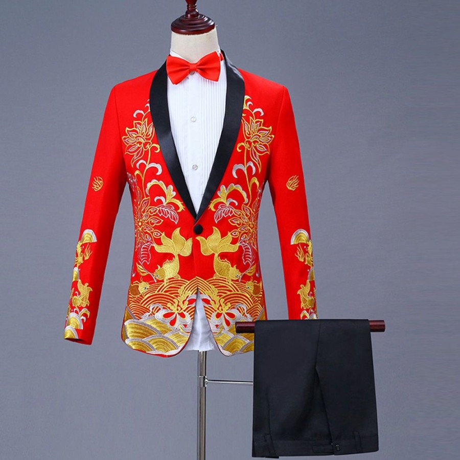 Men ericdress | Ericdress Floral Printed Chinese Style Mens Ball Party Suits