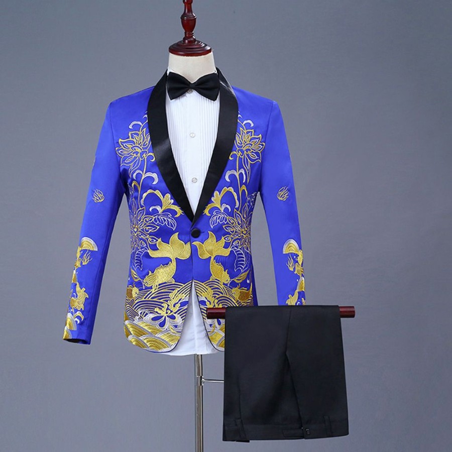 Men ericdress | Ericdress Floral Printed Chinese Style Mens Ball Party Suits