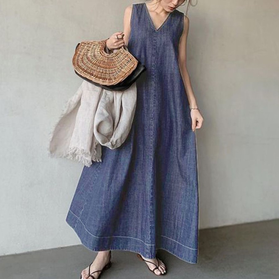 Women ericdress | Pleated Ankle-Length Sleeveless Simple Women'S Dress Blue