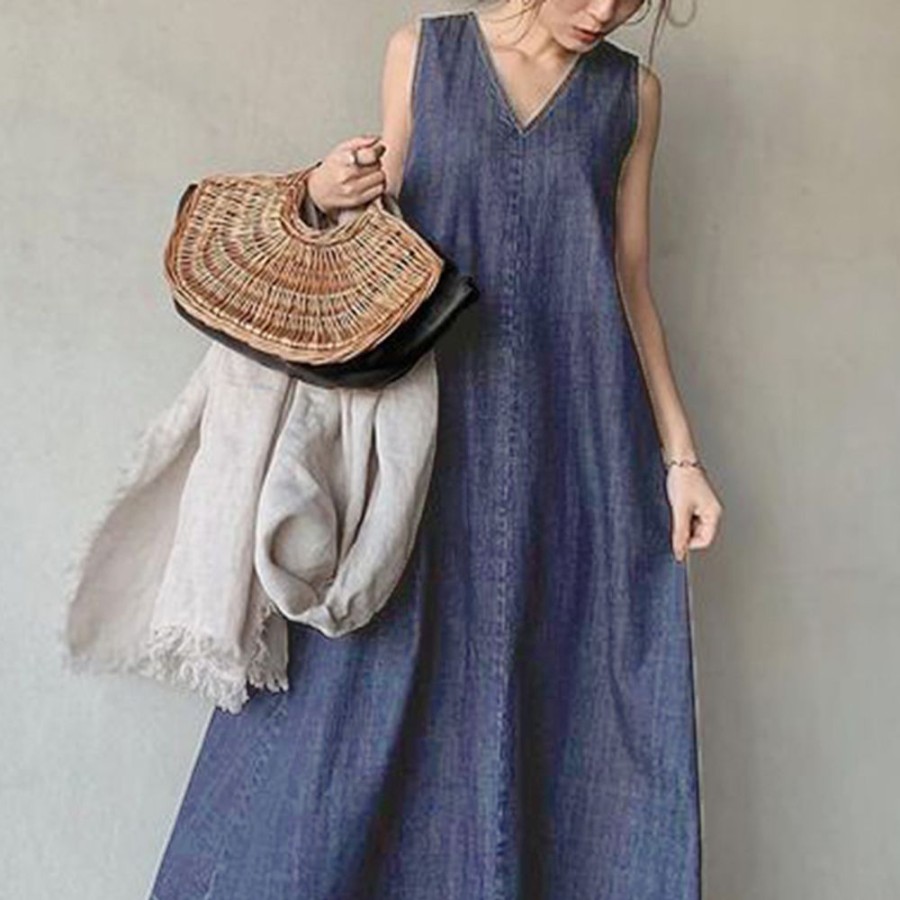 Women ericdress | Pleated Ankle-Length Sleeveless Simple Women'S Dress Blue