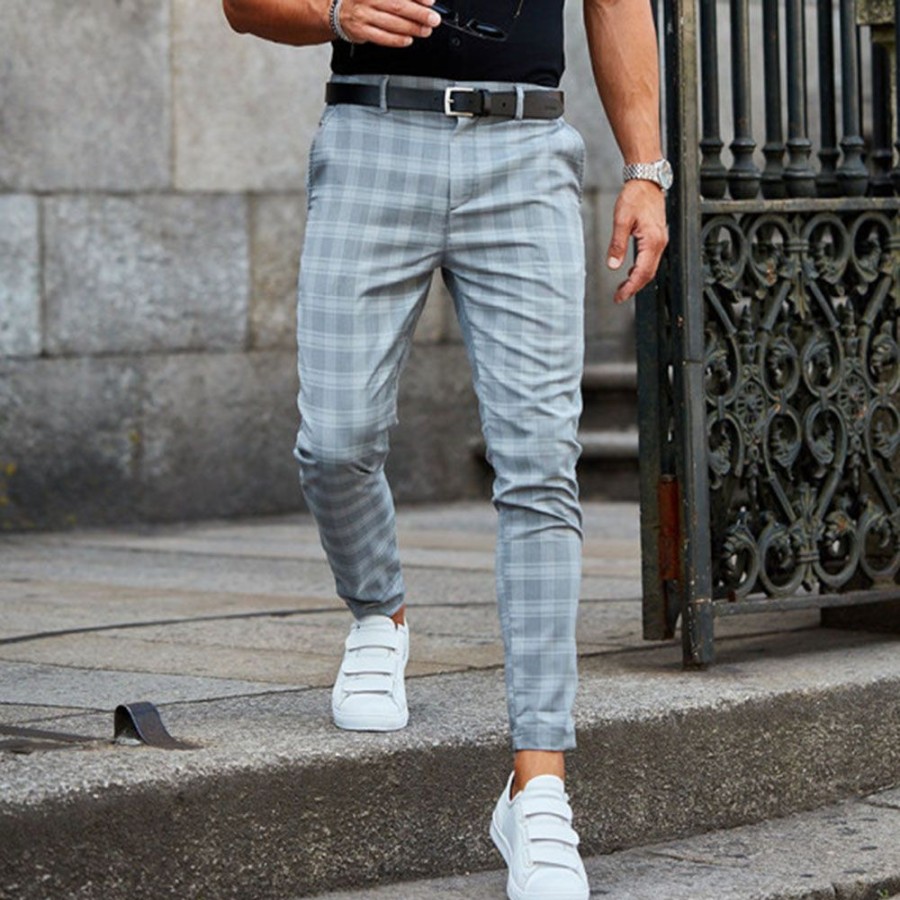 Men ericdress | Ericdress Plaid Pencil Pants Mid Waist Zipper Casual Pants