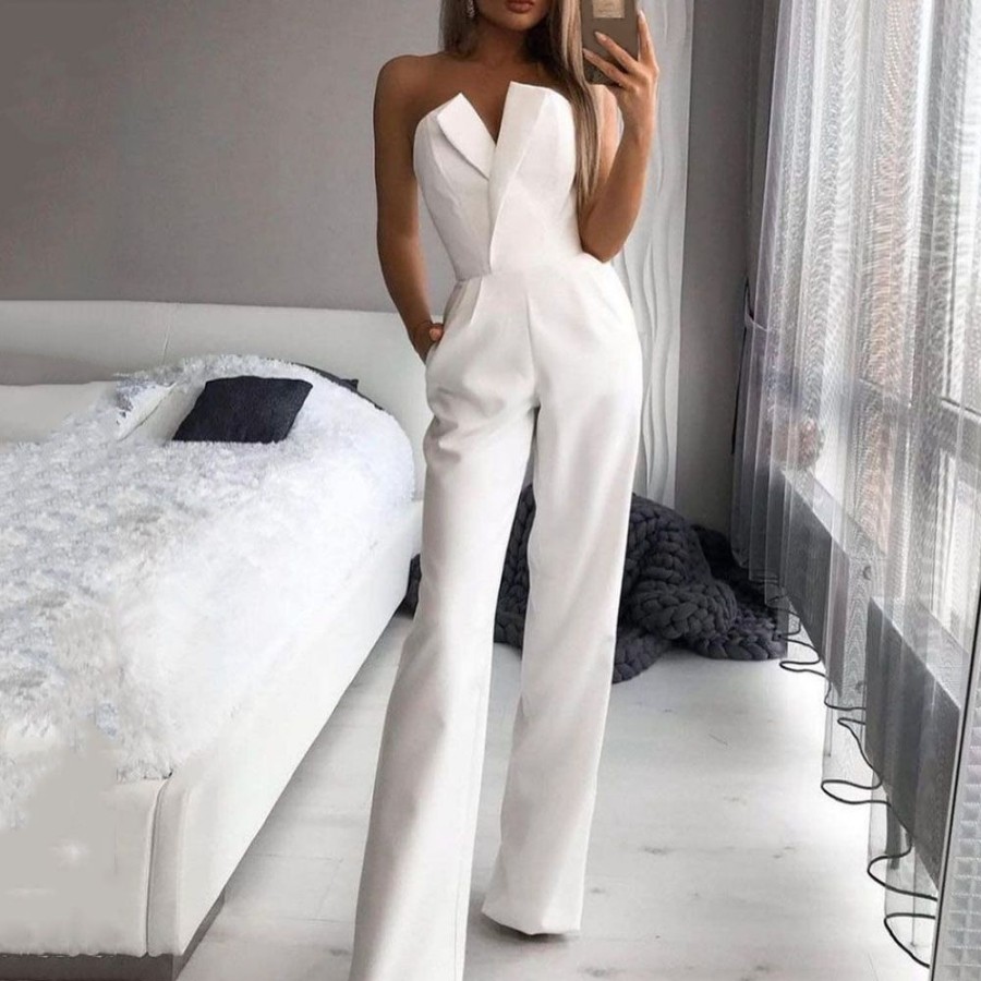 Women ericdress | Ericdress Office Lady Full Length Plain High Waist Women'S Slim Jumpsuit White