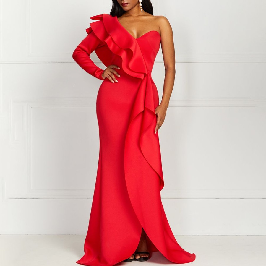 Women ericdress | Falbala Long Sleeve One-Shoulder Asymmetric Split Women'S Maxi Dress Red