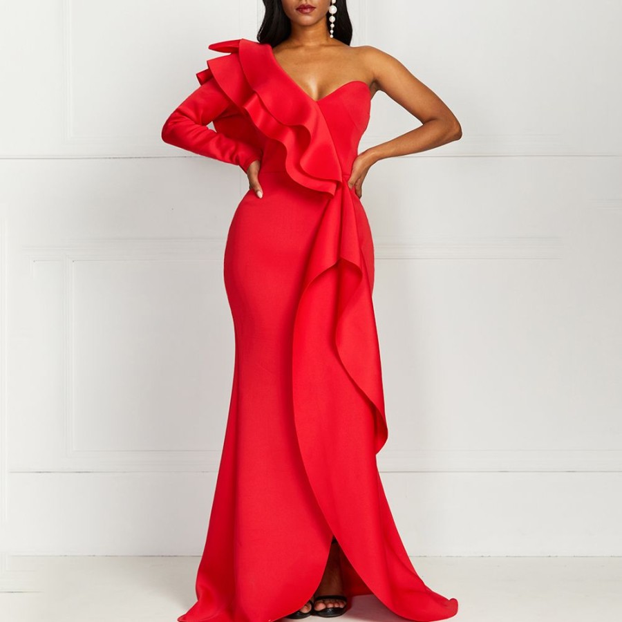 Women ericdress | Falbala Long Sleeve One-Shoulder Asymmetric Split Women'S Maxi Dress Red