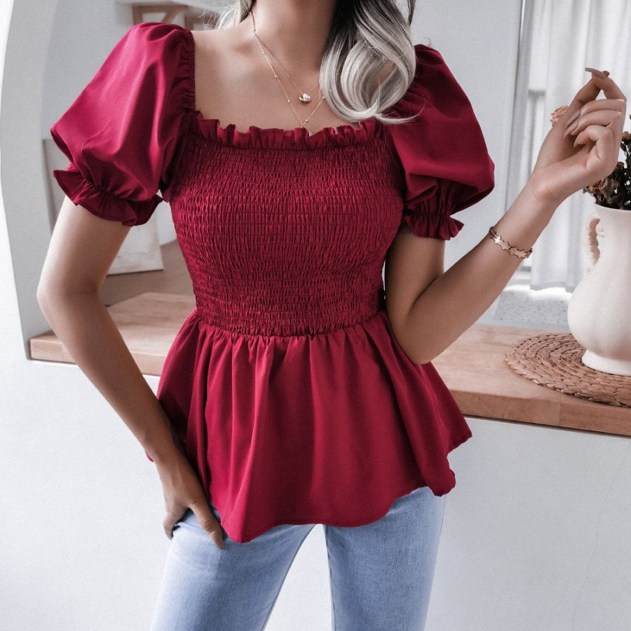 Women ericdress | Ericdress Pleated Square Neck Plain Short Sleeve Standard Women'S Blouse